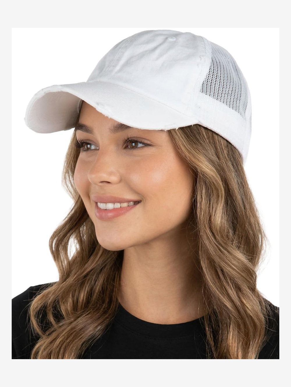Distressed Mesh Low Profile Trucker Hat Snapback Cap | White | Size OS